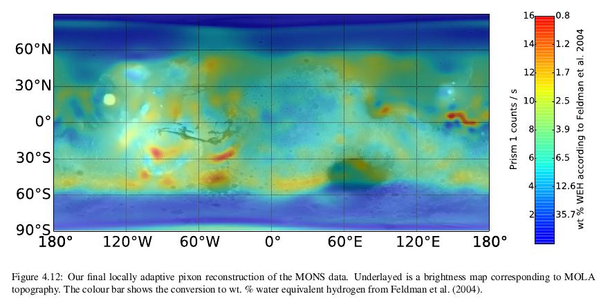Reconstructed Mars Odyssey Neutron Spectrometer map of Martian surface hydrogen at improved 290km spatial resolution, revealing seasonal polar cap features