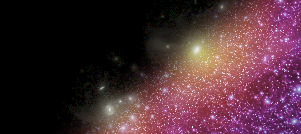 APOSTLE simulation volume showing star light from two Milky Way-like spiral galaxies transitioning to the surrounding dark matter distribution of the Local Group