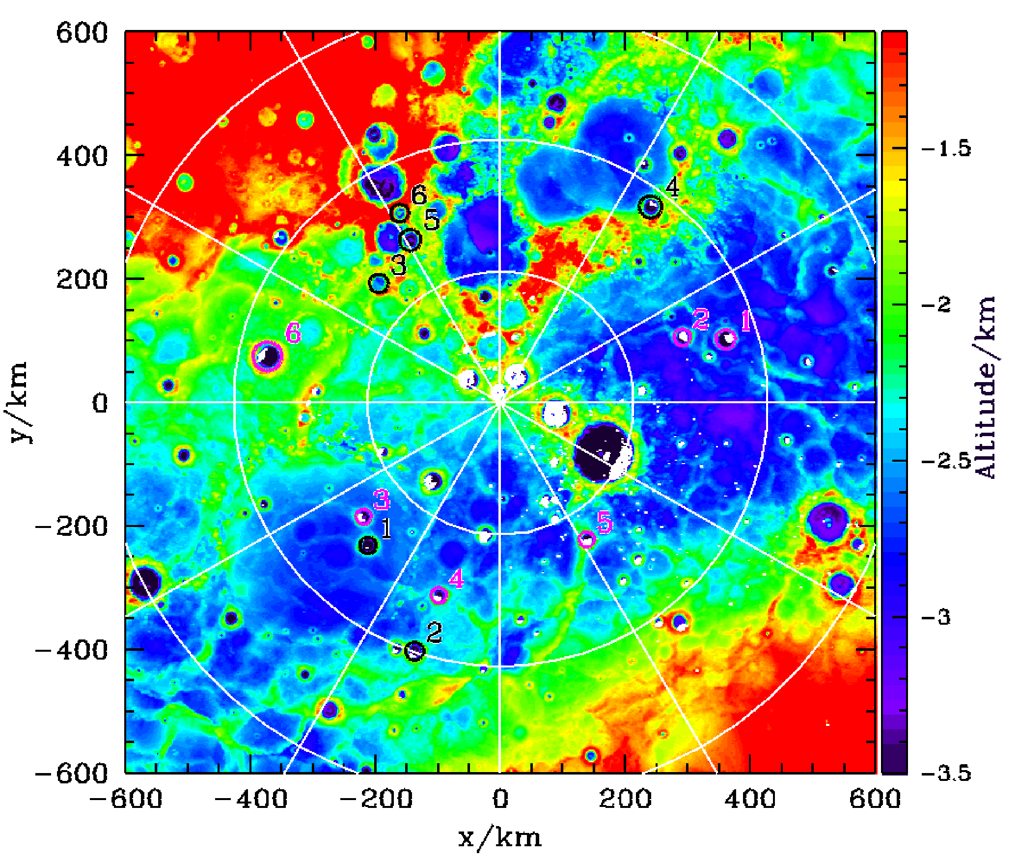 Mercury Laser Altimeter digital elevation map of the north pole colour-coded by height, with radar-bright craters in magenta and radar-dark control craters in black